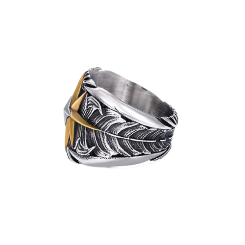 A Rebel Saint Co Gold Star Feather Ring with a star in the middle.