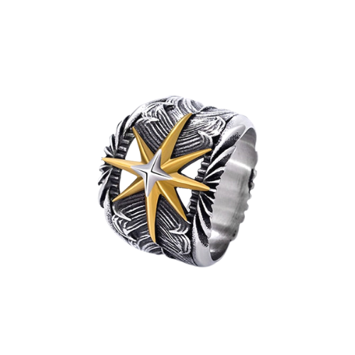 A Rebel Saint Co Gold Star Feather Ring with a star in the middle.