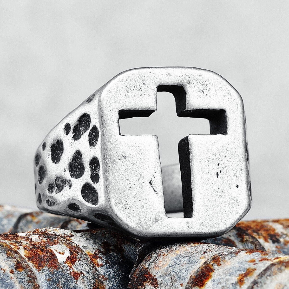 Hollow Hammered Cross Ring