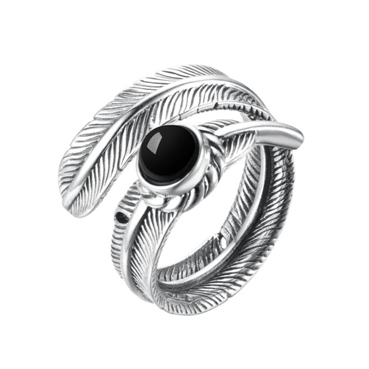 925 Black Stone Feather Ring