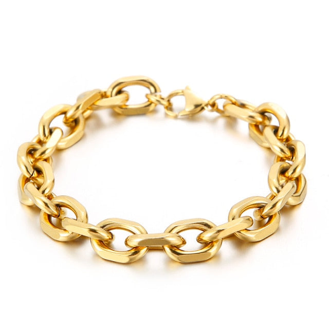 A Rebel Saint Co O-chain Punk Bracelet with an oval link.