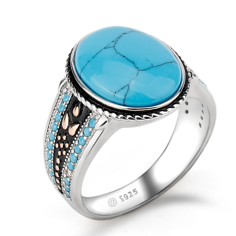 Blue Oval Turquoises Stone 925 Ring