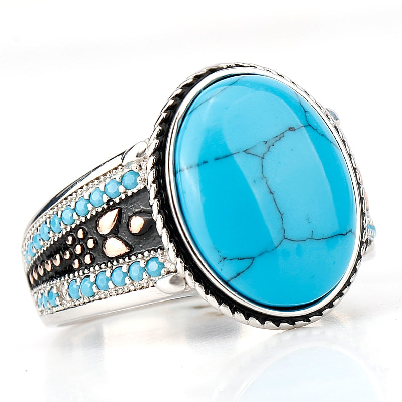 Blue Oval Turquoises Stone 925 Ring